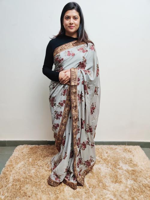 grey embroidered saree - 17525412 - Very Small Image - 1