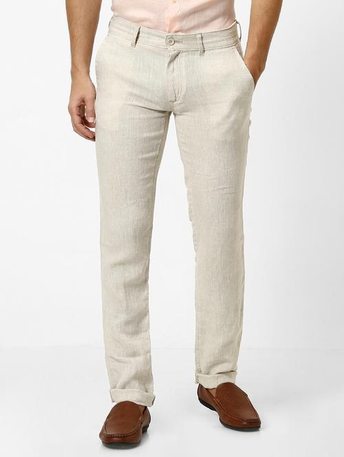 cream solid linen flat front casual trouser - 17526685 - Very Small Image - 1