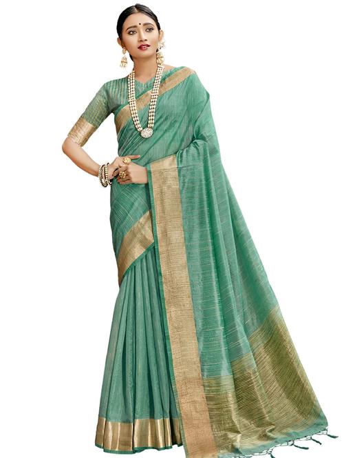 turquoise plain bordered saree with blouse - 17527936 - Very Small Image - 1