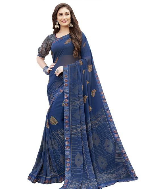 lace detail printed saree with blouse - 17527979 - Very Small Image - 1