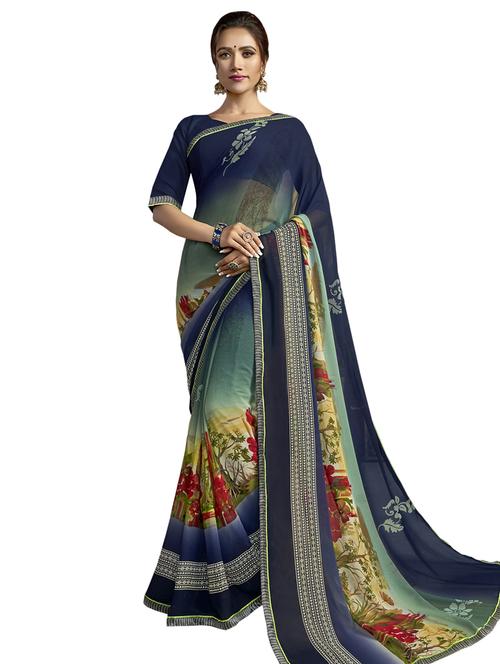 lace detail printed saree - 17527987 - Very Small Image - 1