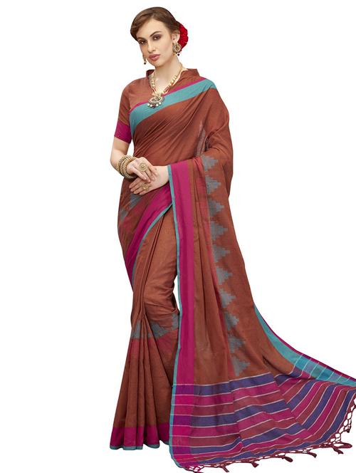 brown cotton printed saree with blouse - 17527999 - Very Small Image - 1
