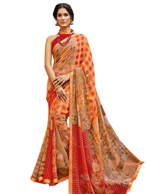 orange chiffon printed saree with blouse - 17528045 - Very Small Image - 1