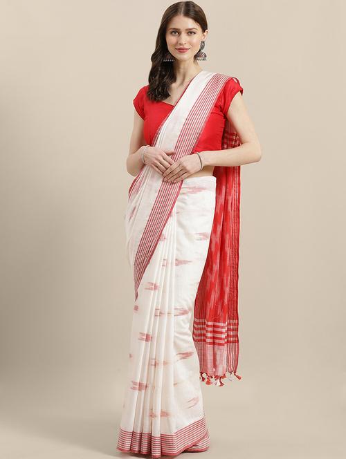 women's ikat white colored saree with blouse - 17528277 - Very Small Image - 1
