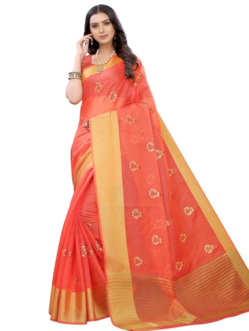 coral embroidered saree with blouse - 17529289 - Very Small Image - 1
