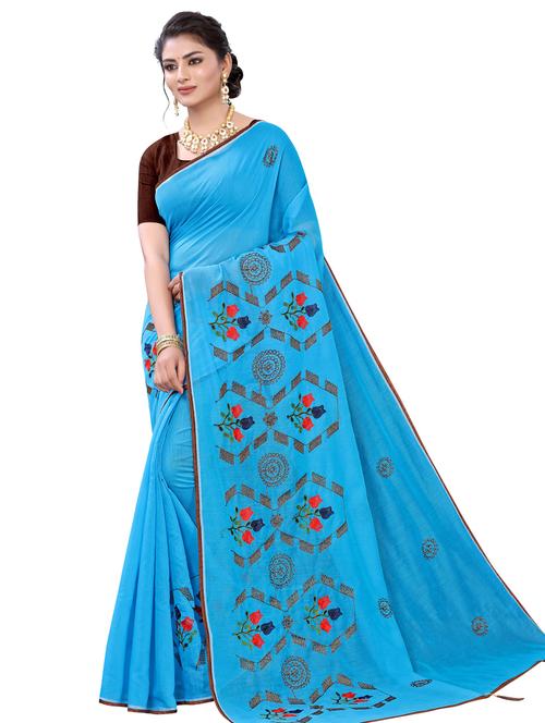 sky blue cotton blend embroidered saree with blouse - 17529302 - Very Small Image - 1