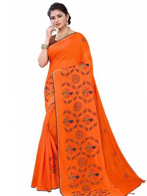 orange cotton blend embroidered saree with blouse - 17529304 - Very Small Image - 1