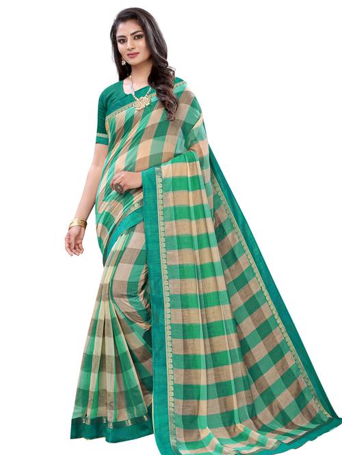 teal checkered saree with blouse - 17529319 - Very Small Image - 1