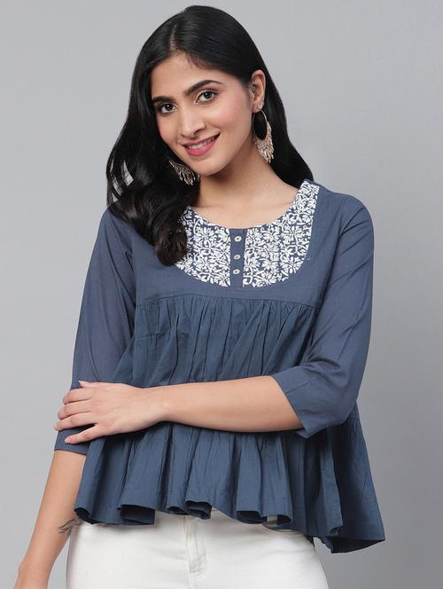ada hand-embroidered blue chikankari a-line kurti - 17529396 - Very Small Image - 1