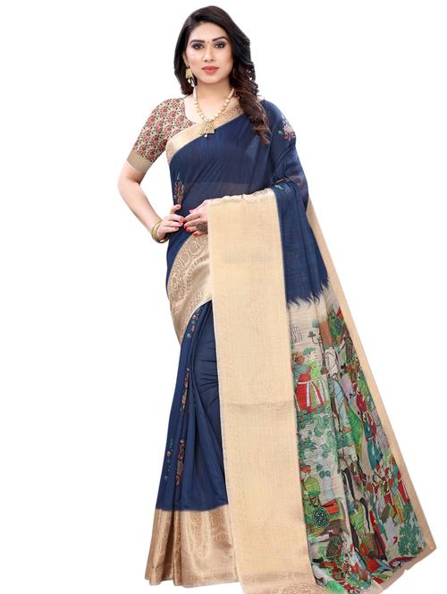 navy cotton blend printed saree with blouse - 17532873 - Very Small Image - 1