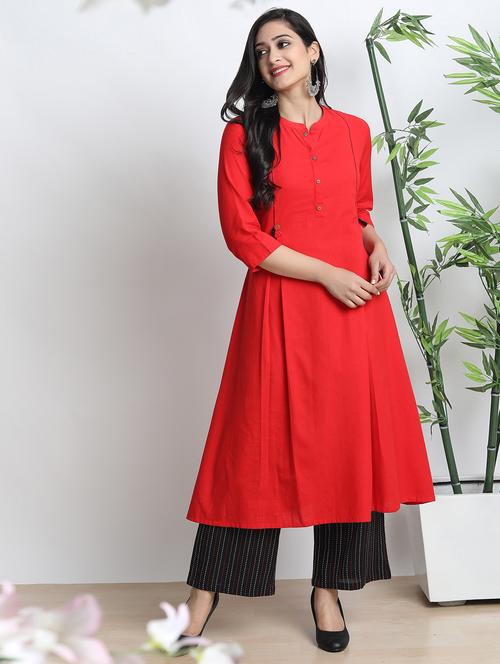 red cotton blend kurta palazzo set - 17533621 - Very Small Image - 1