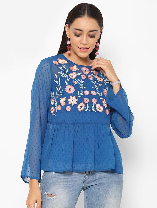 round neck embroidered detail peplum top - 17533976 - Very Small Image - 1