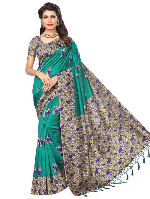 turquoise printed saree with blouse - 17534233 - Very Small Image - 1