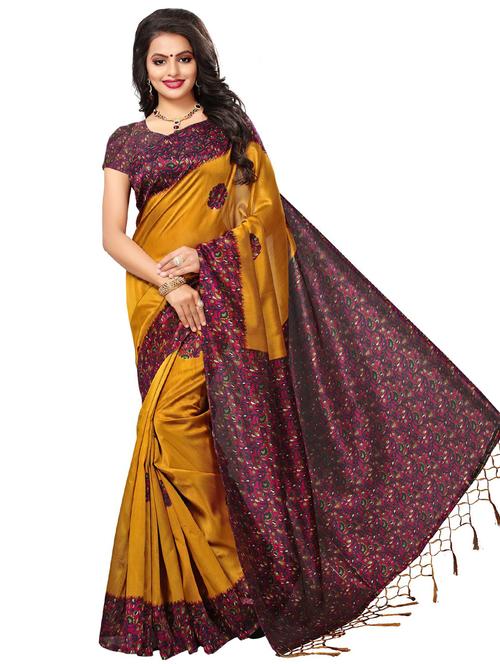mustard cotton blend printed saree with blouse - 17534253 - Very Small Image - 1