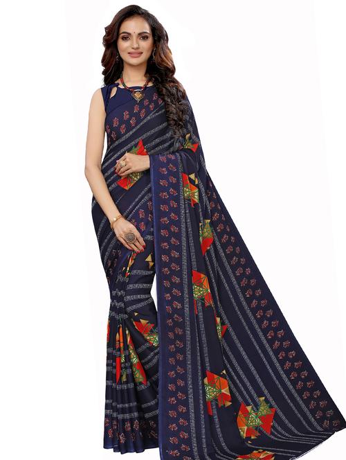 navy blue printed saree with blouse - 17534277 - Very Small Image - 1