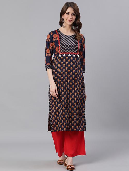 navy cotton straight kurta - 17535376 - Very Small Image - 1