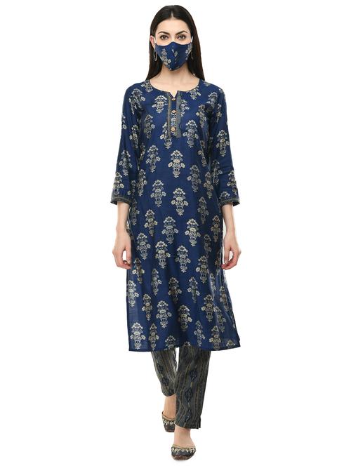 floral kurta pant set with face mask - 17537365 - Very Small Image - 1