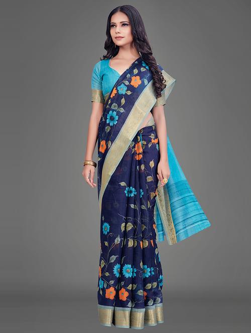 navy linen printed saree with blouse - 17539151 - Very Small Image - 1