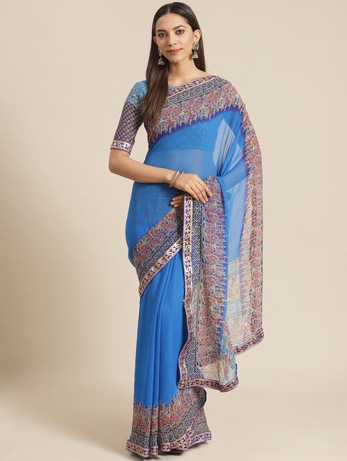solid printed saree with blouse - 17539165 - Very Small Image - 1