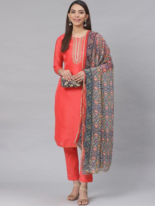 embroidered straight pant unstitched suit - 17540141 - Very Small Image - 1