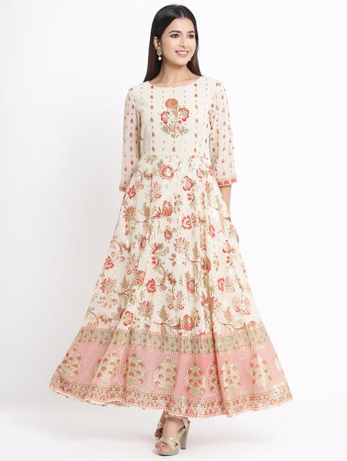 foil print flared ethnic dress - 17540218 - Very Small Image - 1