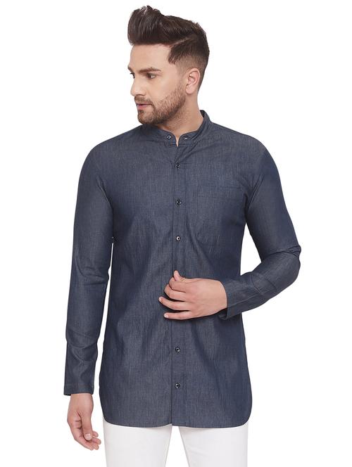 navy blue solid denim casual shirt - 17542189 - Very Small Image - 1