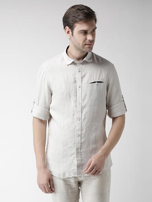 cream solid linen casual shirt - 17542495 - Very Small Image - 1