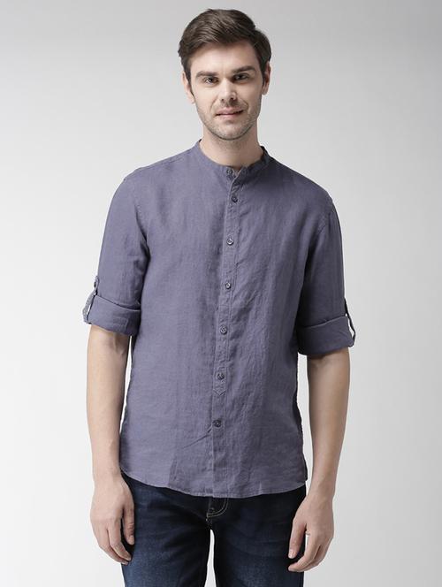 grey solid linen casual shirt - 17542514 - Very Small Image - 1