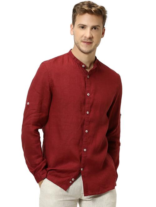 maroon solid linen casual shirt - 17542552 - Very Small Image - 1