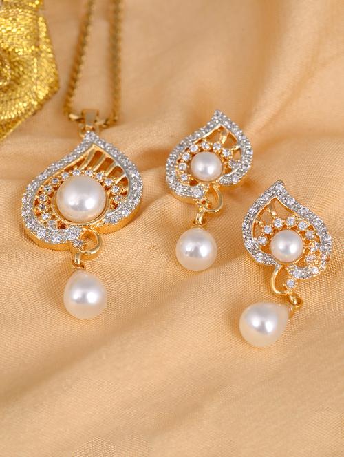 unique leaf design pearl and diamond pendant with earrings - 17545267 - Very Small Image - 1