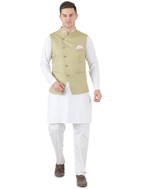 white solid kurta pyjama set with green solid nehru jacket - 17545604 - Very Small Image - 1