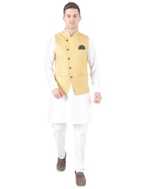 white solid kurta pyjama set with yellow solid nehru jacket - 17545607 - Very Small Image - 1