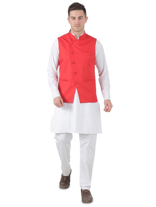white solid kurta pyjama set with red nehru jacket - 17545613 - Very Small Image - 1