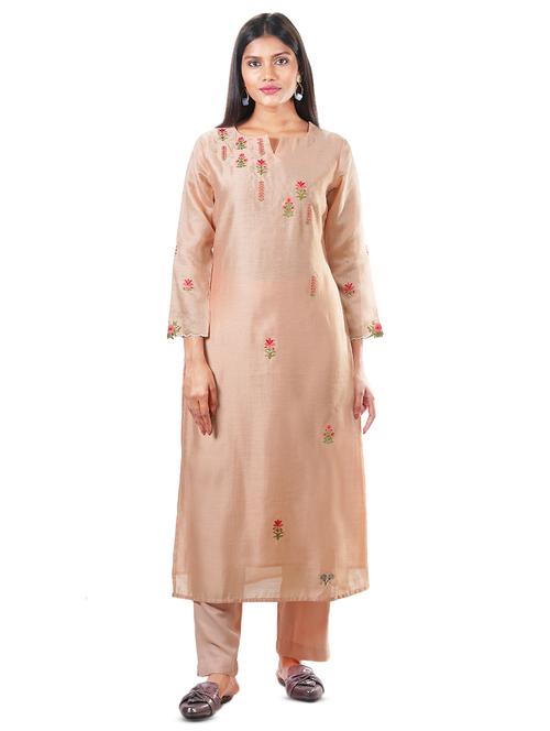 peach embroidered straight kurta - 17545748 - Very Small Image - 1