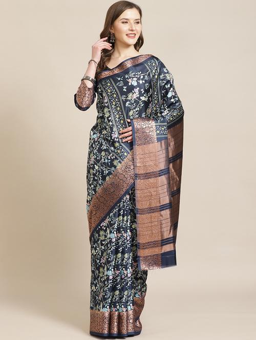 women's floral navy blue colored saree with blouse - 17545942 - Very Small Image - 1