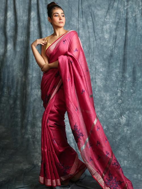 linen embroidered saree with blouse - 17546987 - Very Small Image - 1