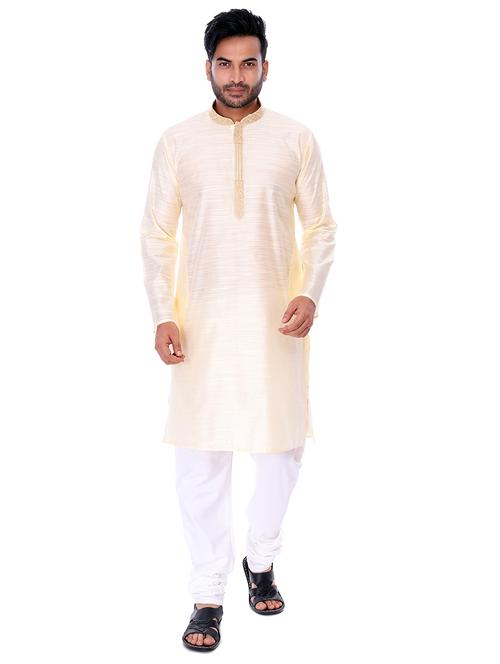 cream solid kurta pyjama set with embroidered neckline - 17547217 - Very Small Image - 1
