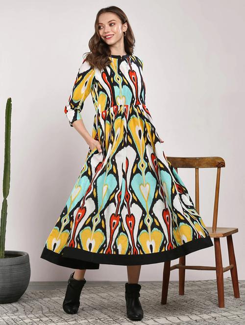 ikat print flared ethnic dress - 17547641 - Very Small Image - 1