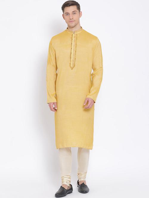 yellow solid long kurta with embroidered neckline - 17547645 - Very Small Image - 1