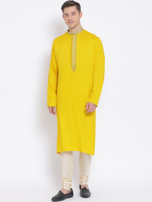 yellow solid long kurta with embroidered neckline - 17547646 - Very Small Image - 1