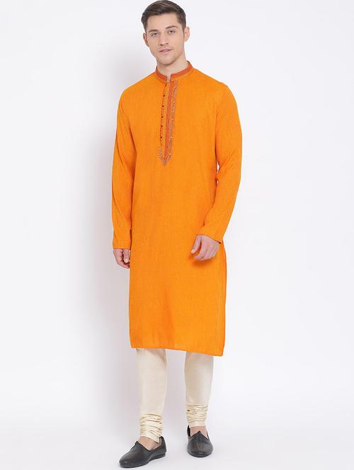orange solid long kurta with embroidered neckline - 17547647 - Very Small Image - 1