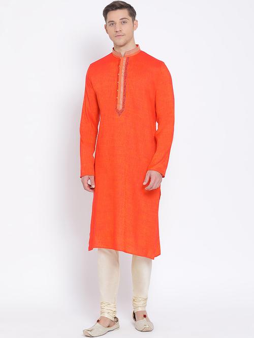 orange solid long kurta with embroidered neckline - 17547648 - Very Small Image - 1