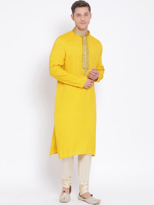 yellow solid long kurta with embroidered neckline - 17547651 - Very Small Image - 1