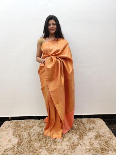 orange crepe banarsi saree - 17548941 - Very Small Image - 1