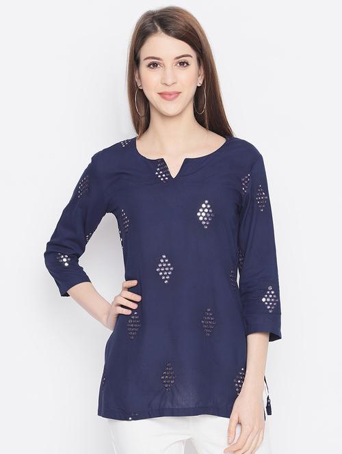 notch neck mirror work straight kurti - 17548999 - Very Small Image - 1