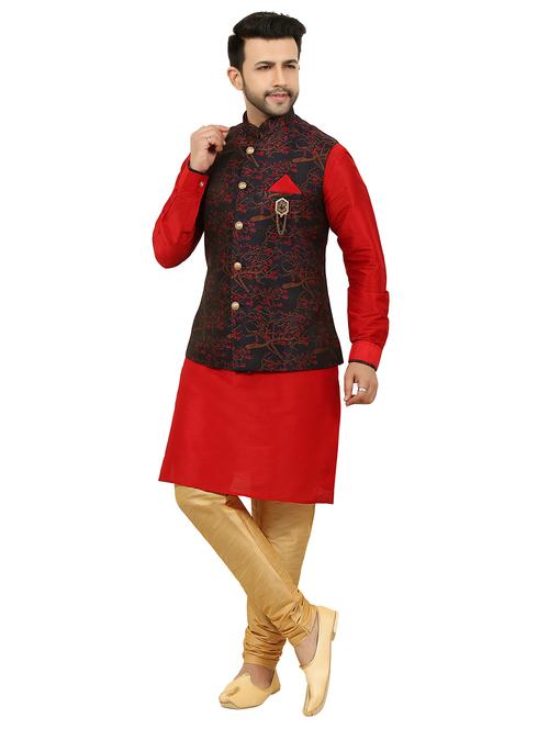 red kurta pyjama ethnic wear set with navy blue nehru jacket - 17549301 - Very Small Image - 1
