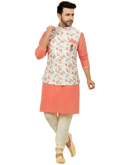 peach kurta pyjama ethnic wear set with white nehru jacket - 17549302 - Very Small Image - 1