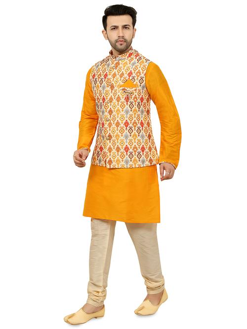 yellow kurta pyjama ethnic wear set with nehru jacket - 17549303 - Very Small Image - 1