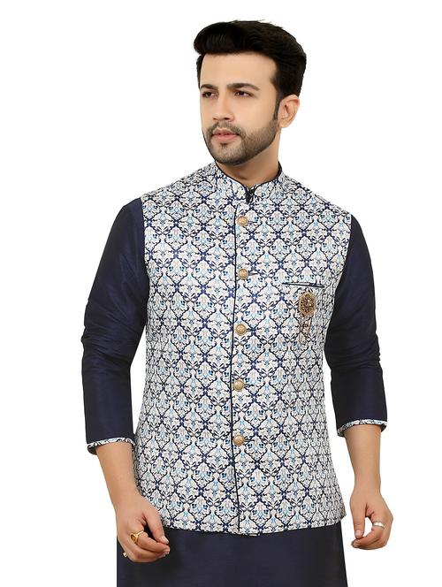 navy blue solid silk blend kurta pyjama set with printed nehru jacket - 17549304 - Very Small Image - 1