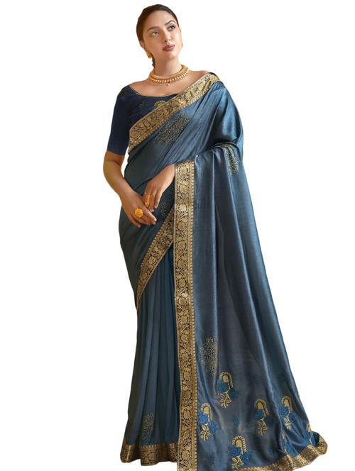 solid bordered saree with blouse - 17550354 - Very Small Image - 1